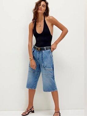 Free People cropped jeans pants long shorts denim bermuda relaxed cotton 26 NWT